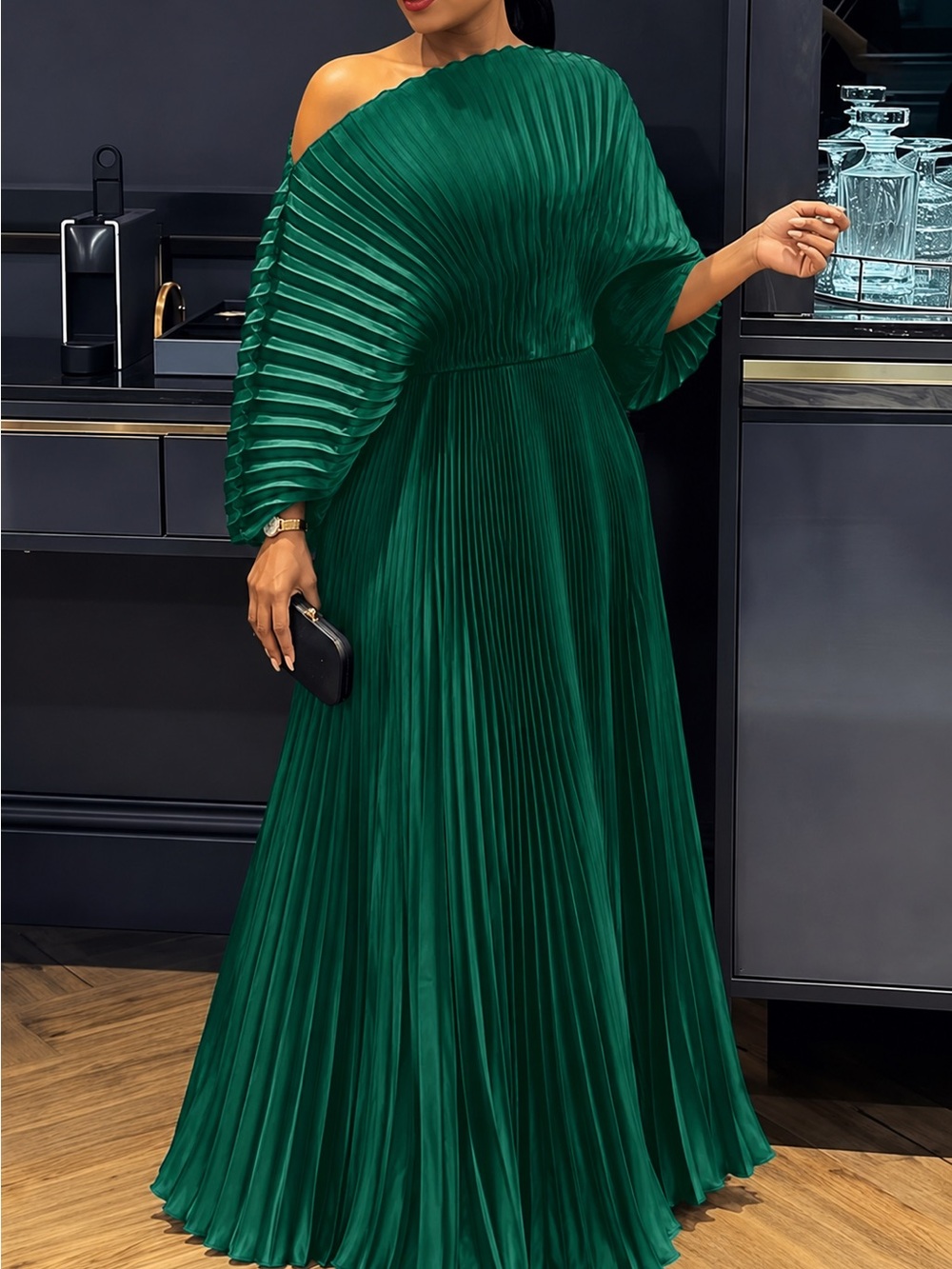 Mustard Gold Pleated Batwing Sleeve Maxi Dress | Elegant Statement Gown | One - Picture 7 of 11